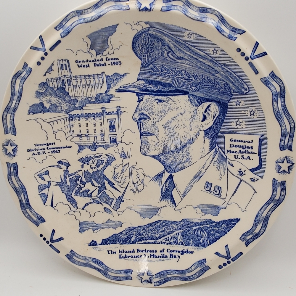 Blue General Douglas MacArthur Commemorative Plate Vernon Kilns Americana